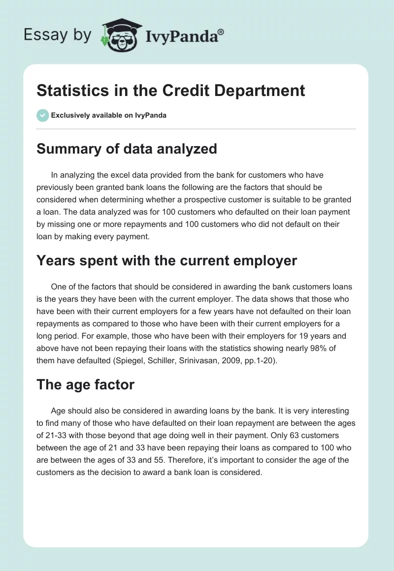 Statistics in the Credit Department. Page 1