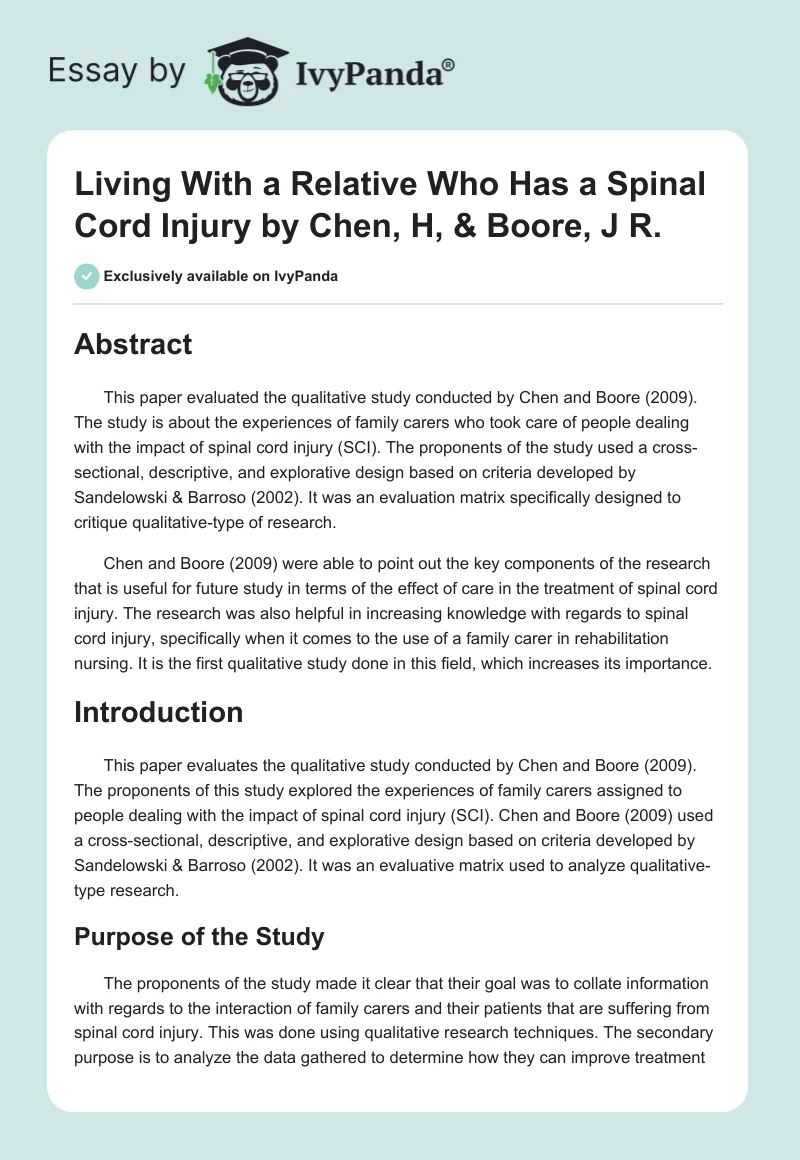 "Living With a Relative Who Has a Spinal Cord Injury" by Chen, H, & Boore, J R.. Page 1