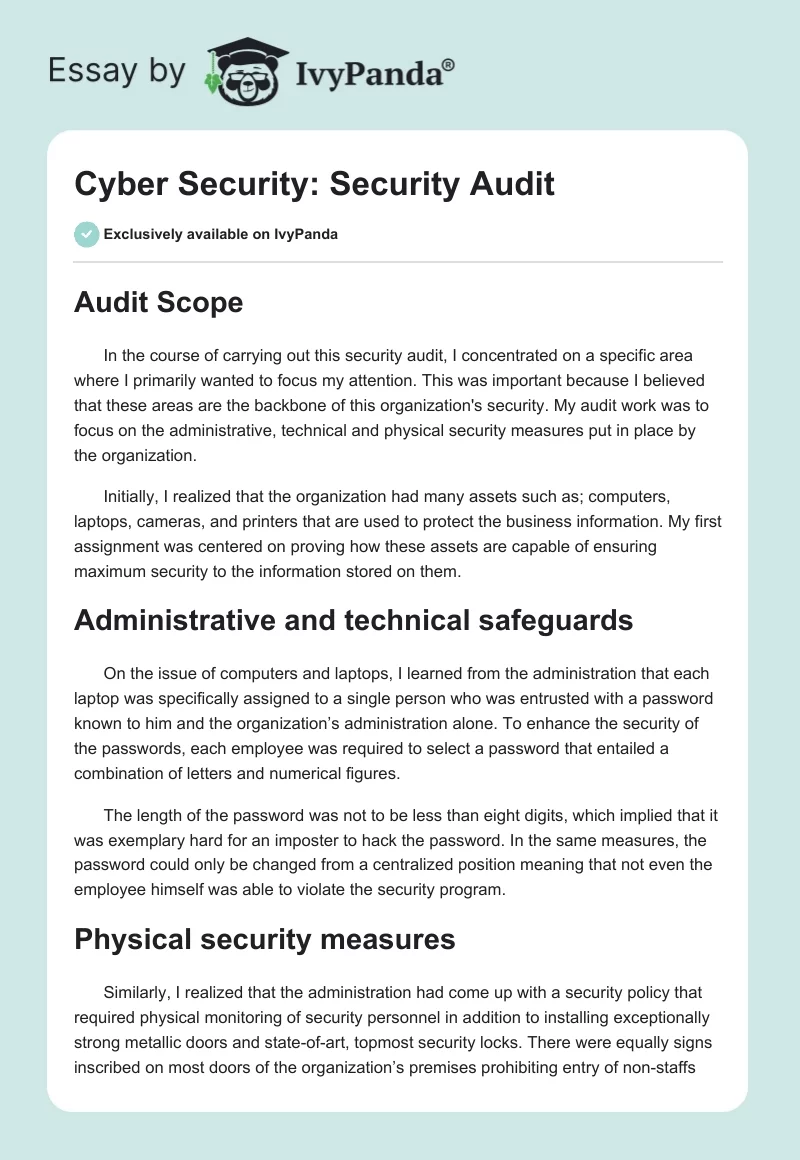 Cyber Security: Security Audit. Page 1