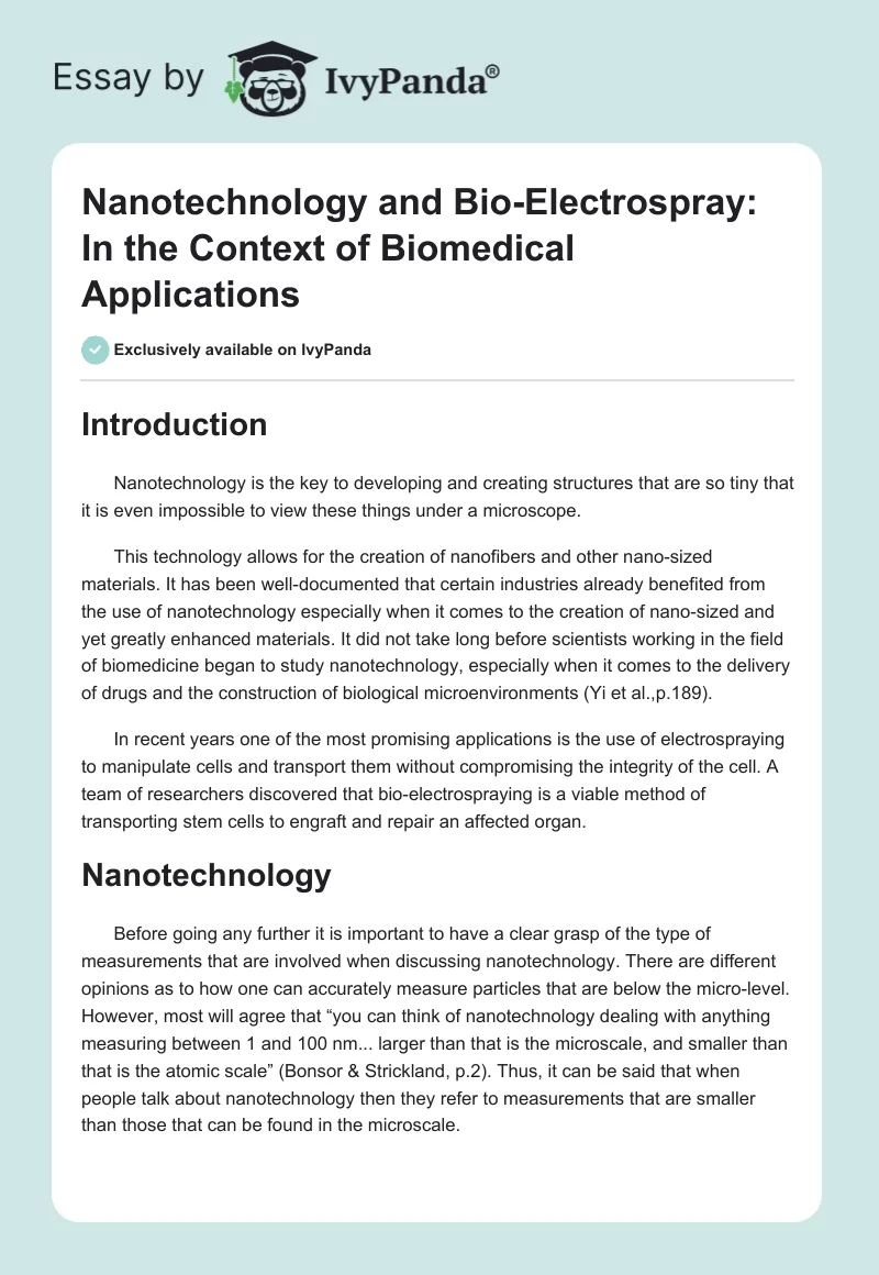 Nanotechnology and Bio-Electrospray: In the Context of Biomedical Applications. Page 1