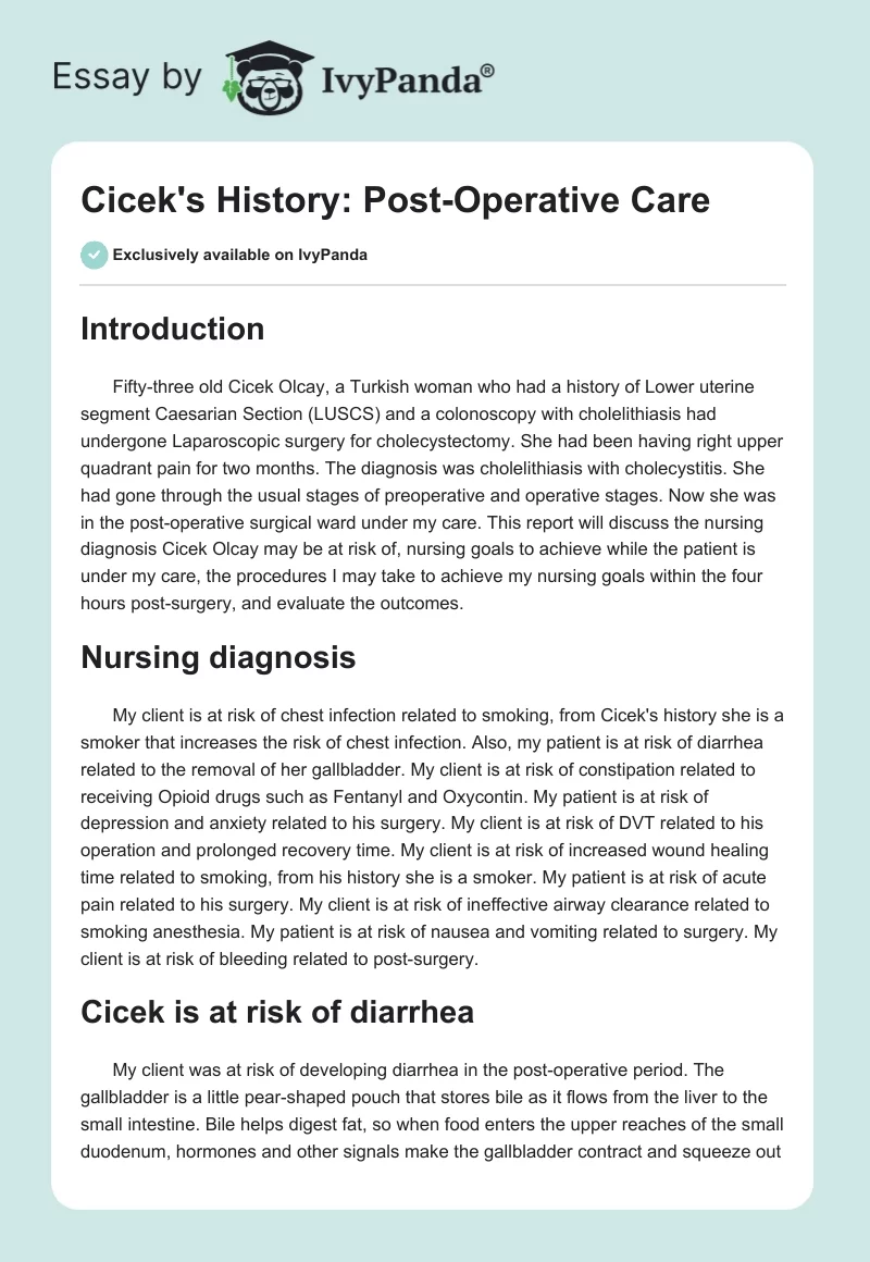 Cicek's History: Post-Operative Care. Page 1