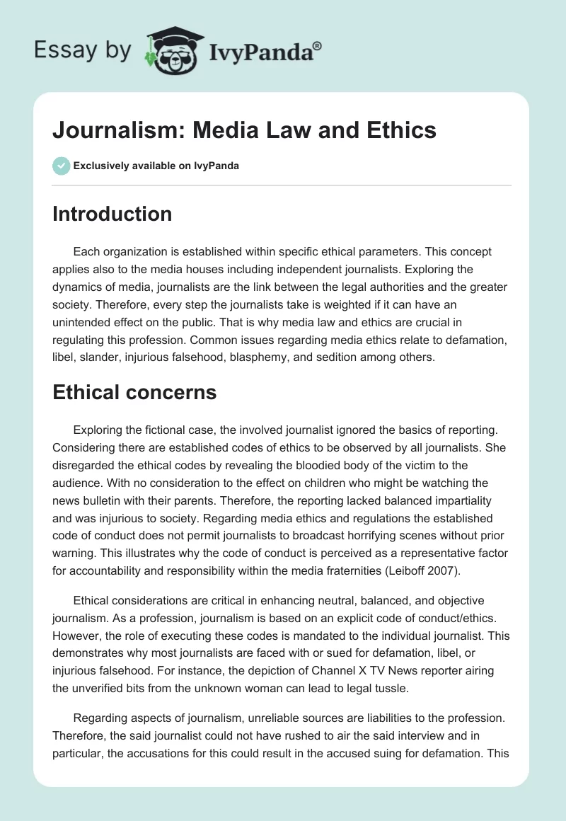 Journalism: Media Law and Ethics. Page 1
