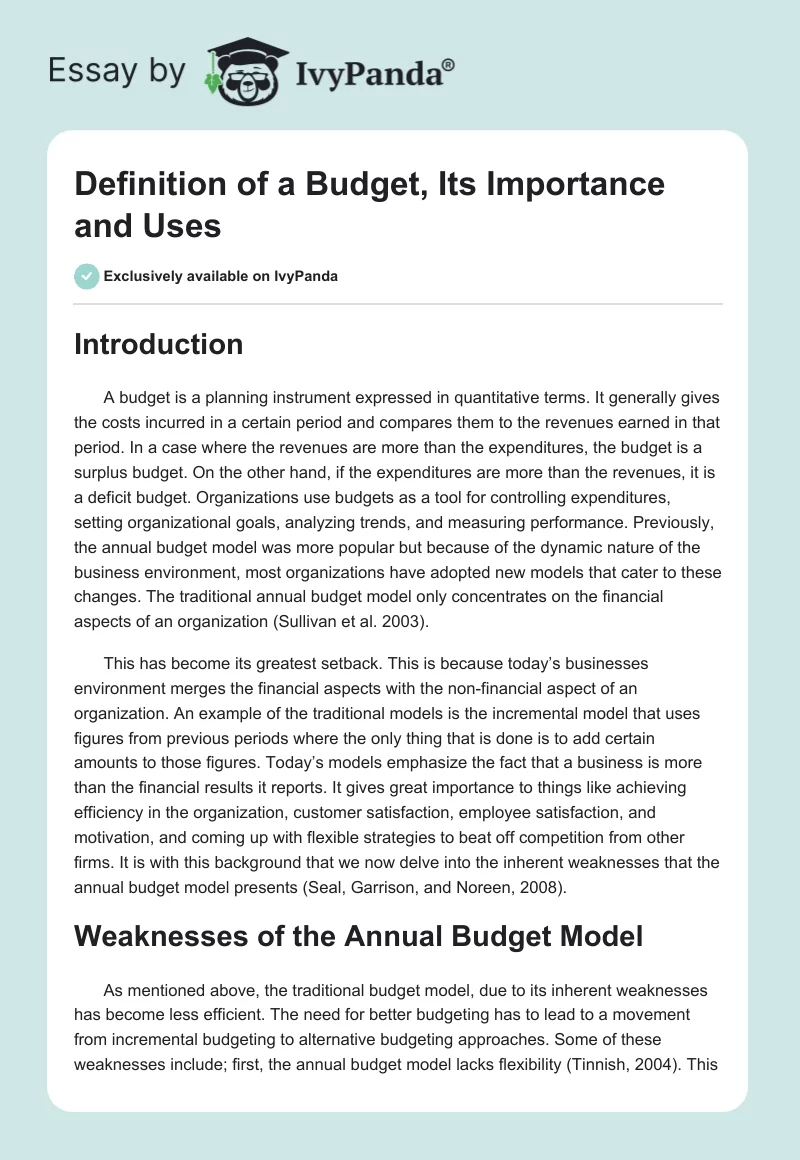 Definition of a Budget, Its Importance and Uses. Page 1