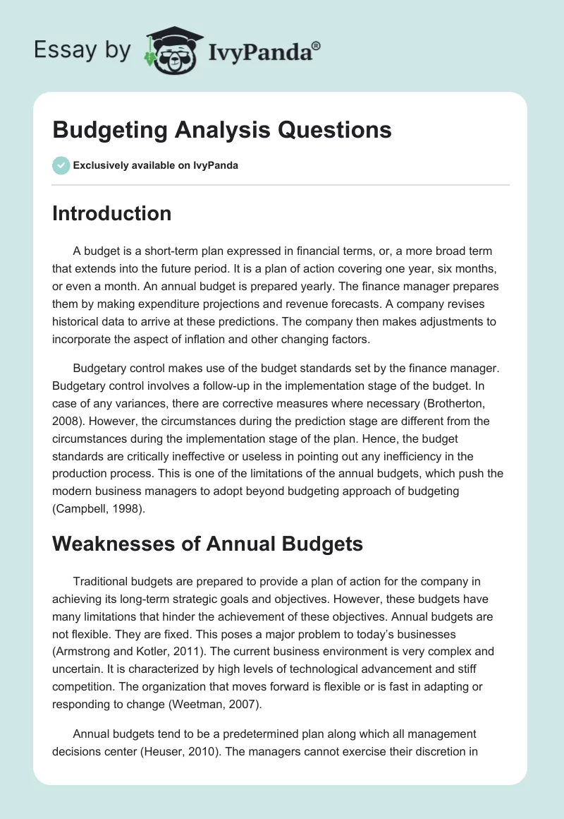 Budgeting Analysis Questions. Page 1