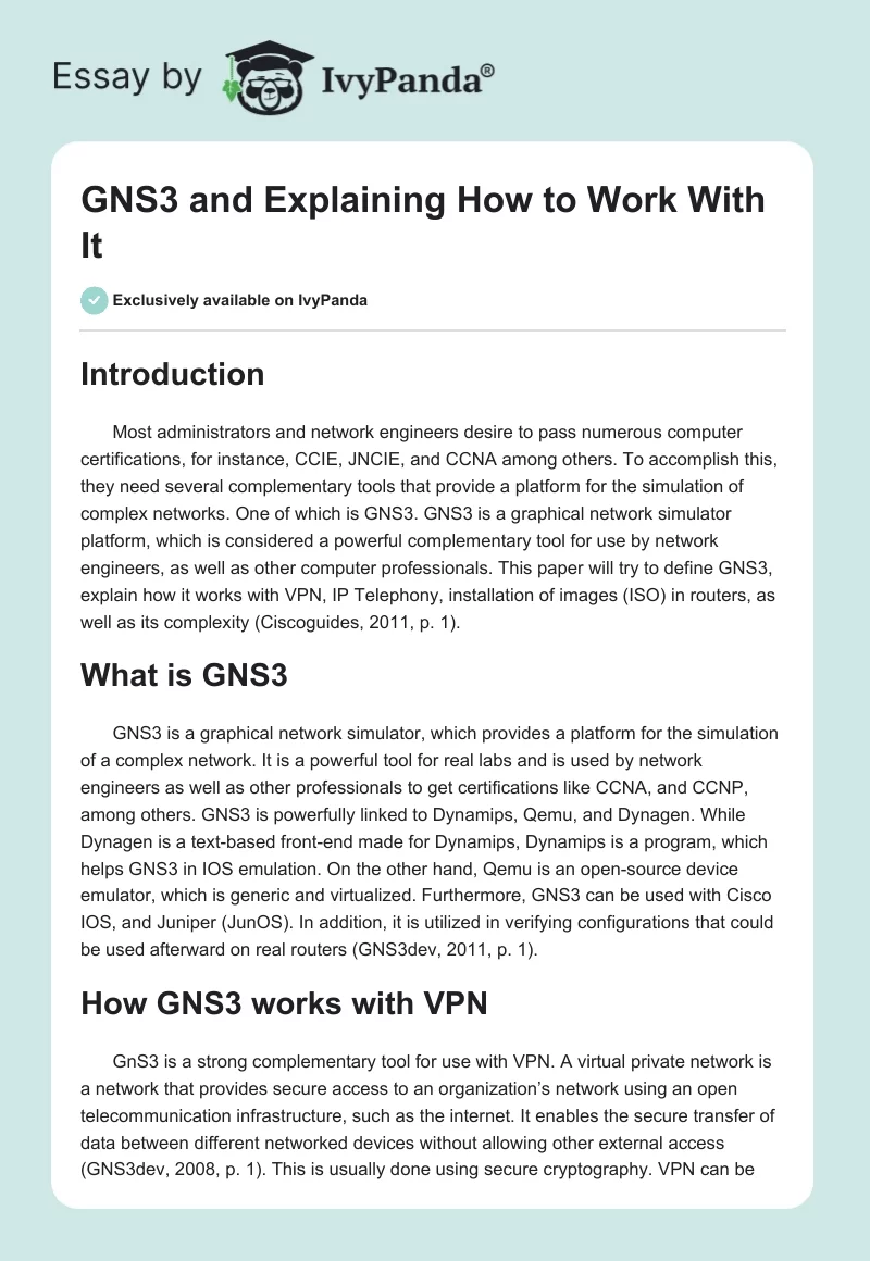 GNS3 and Explaining How to Work With It. Page 1