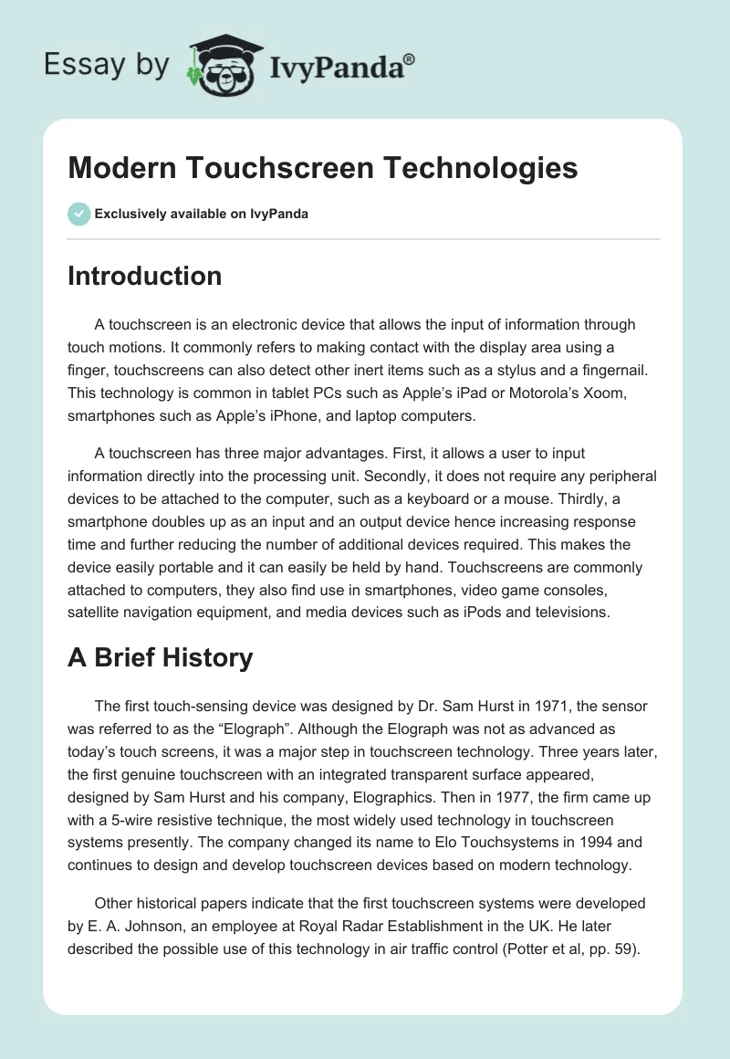 Modern Touchscreen Technologies. Page 1