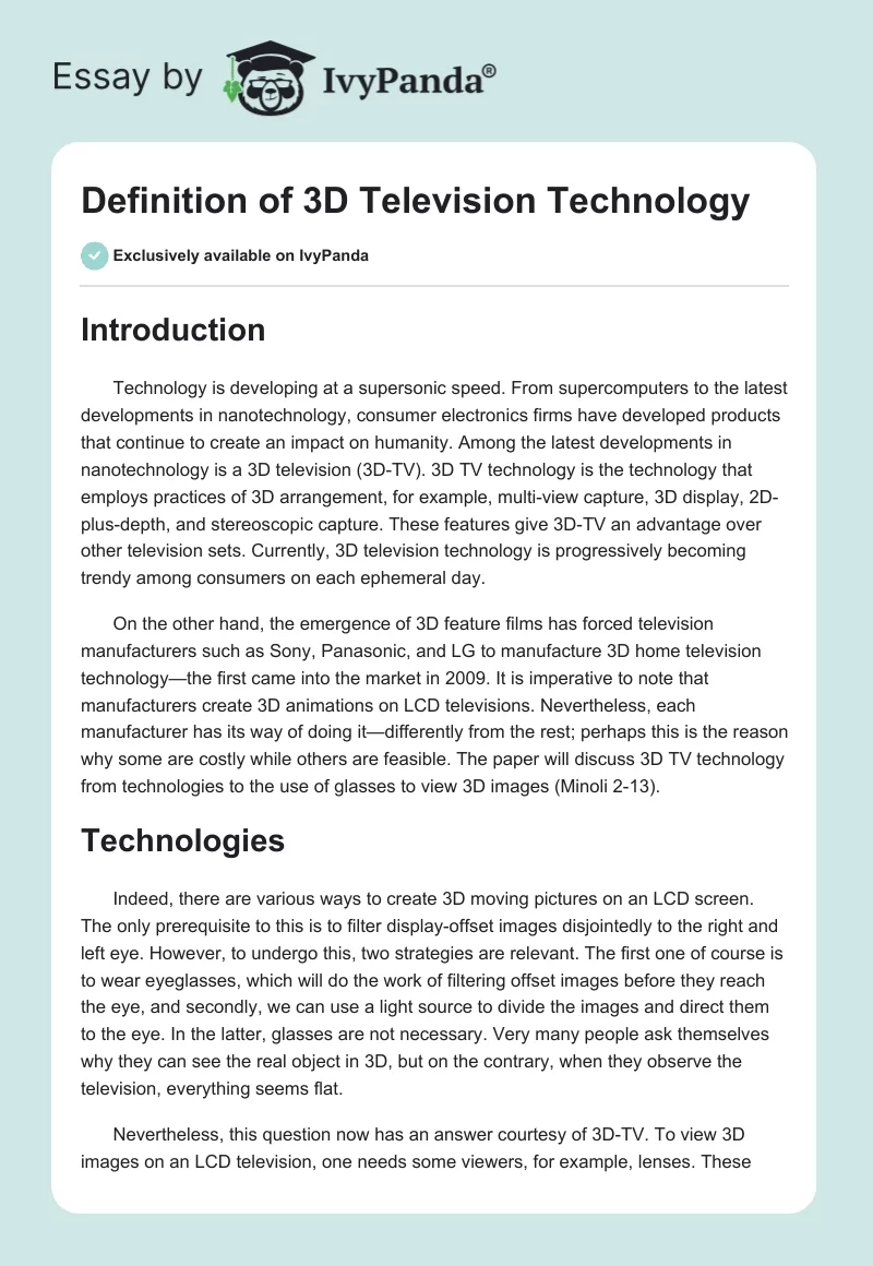 Definition of 3D Television Technology. Page 1