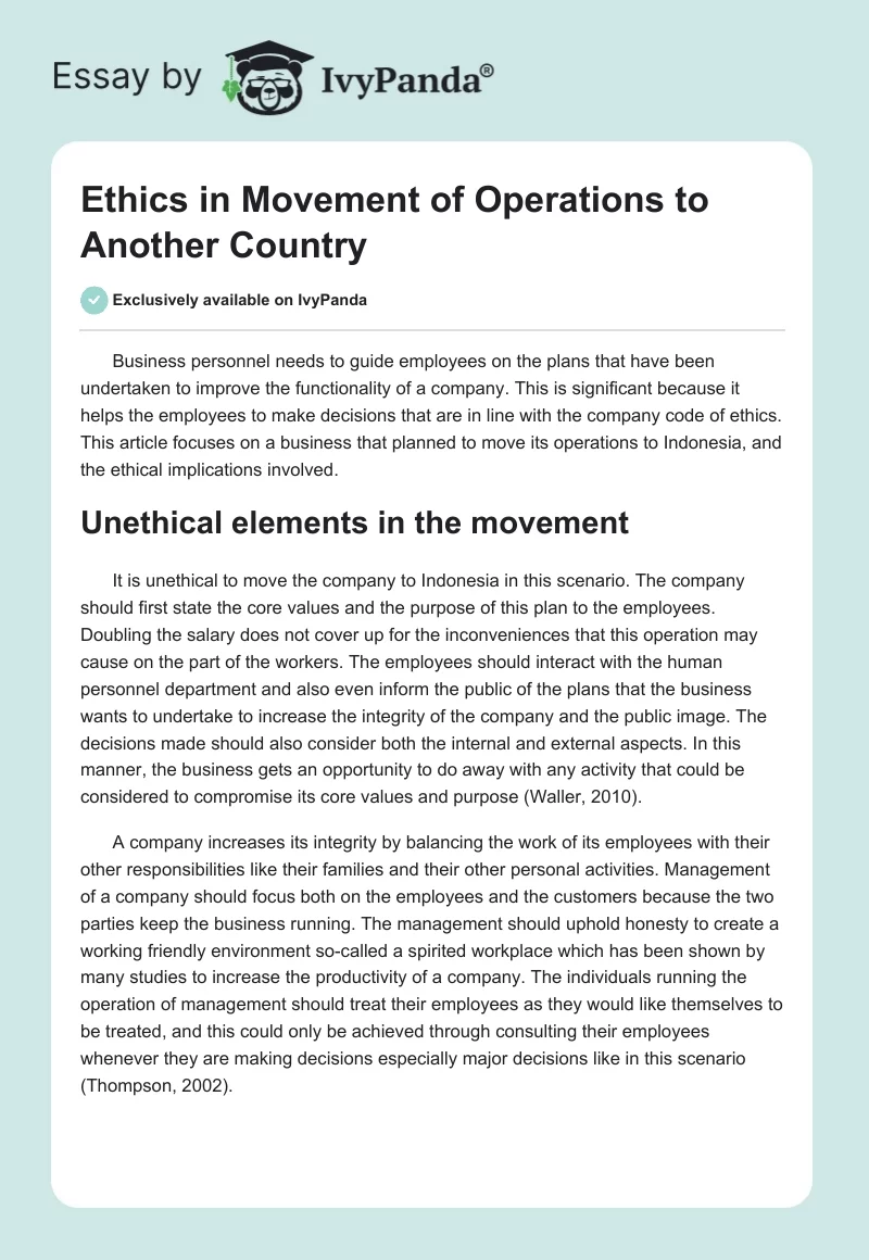 Ethics in Movement of Operations to Another Country. Page 1