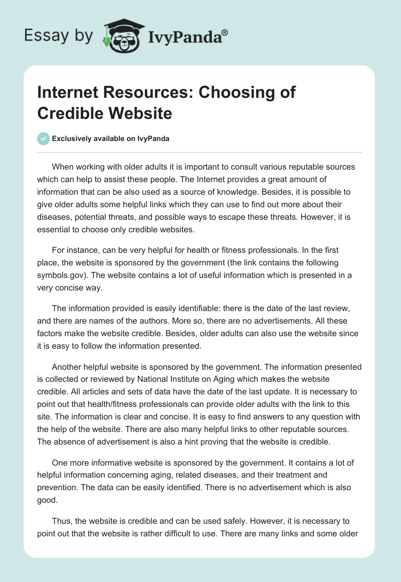 Internet Resources: Choosing of Credible Website. Page 1