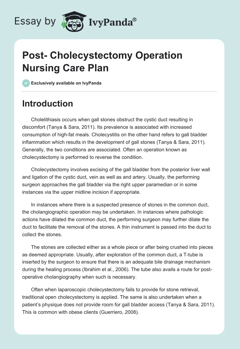 Post- Cholecystectomy Operation Nursing Care Plan. Page 1