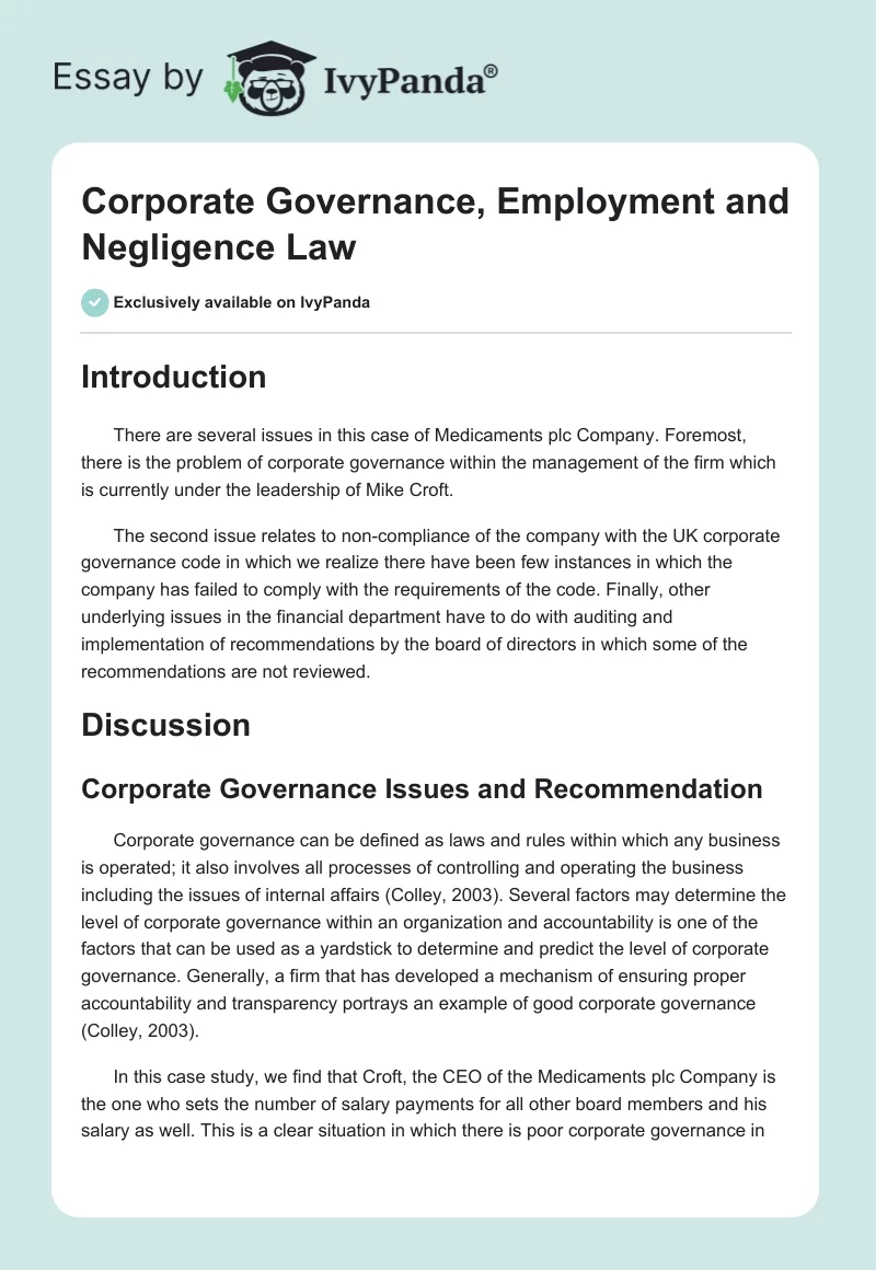 Corporate Governance, Employment and Negligence Law. Page 1