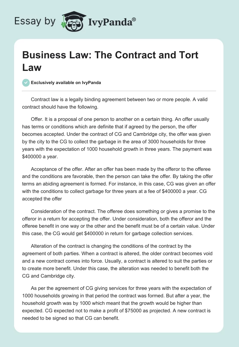 Business Law: The Contract and Tort Law. Page 1