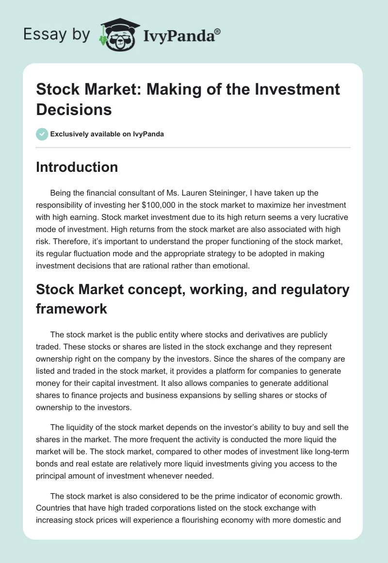 Stock Market: Making of the Investment Decisions. Page 1