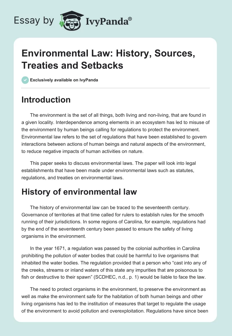 Environmental Law: History, Sources, Treaties and Setbacks. Page 1