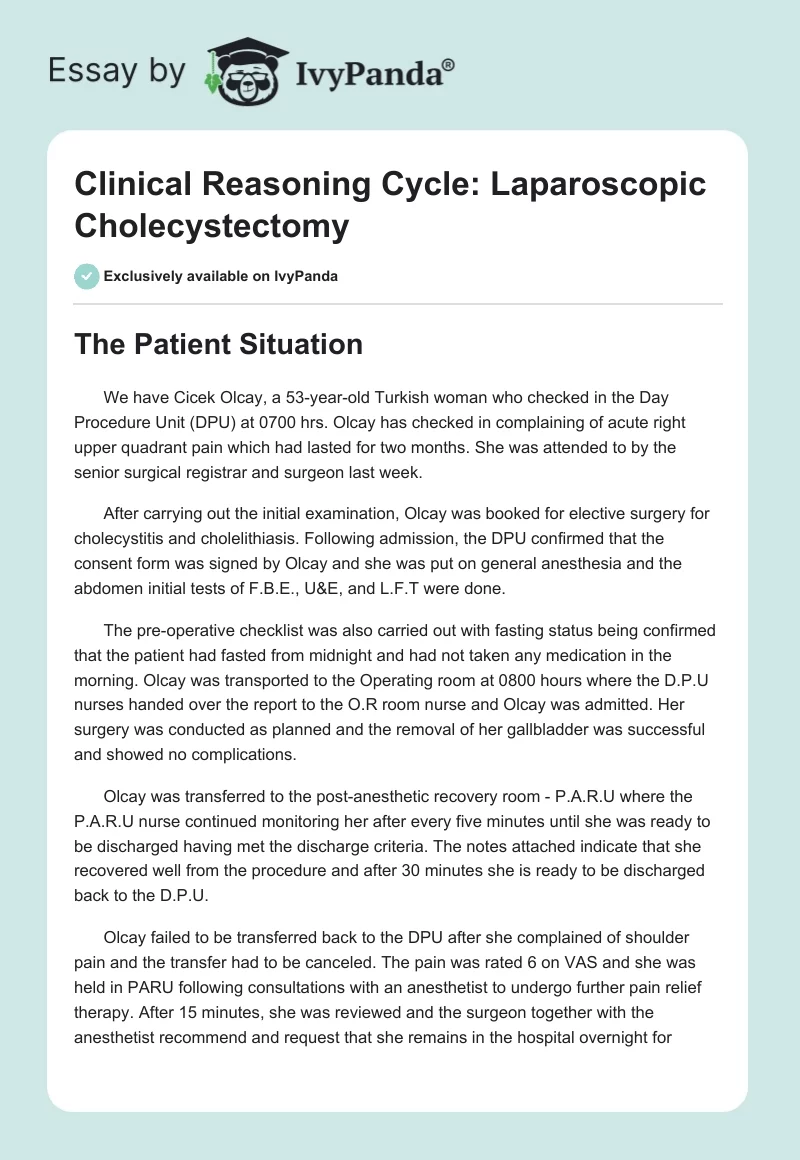 Clinical Reasoning Cycle: Laparoscopic Cholecystectomy. Page 1