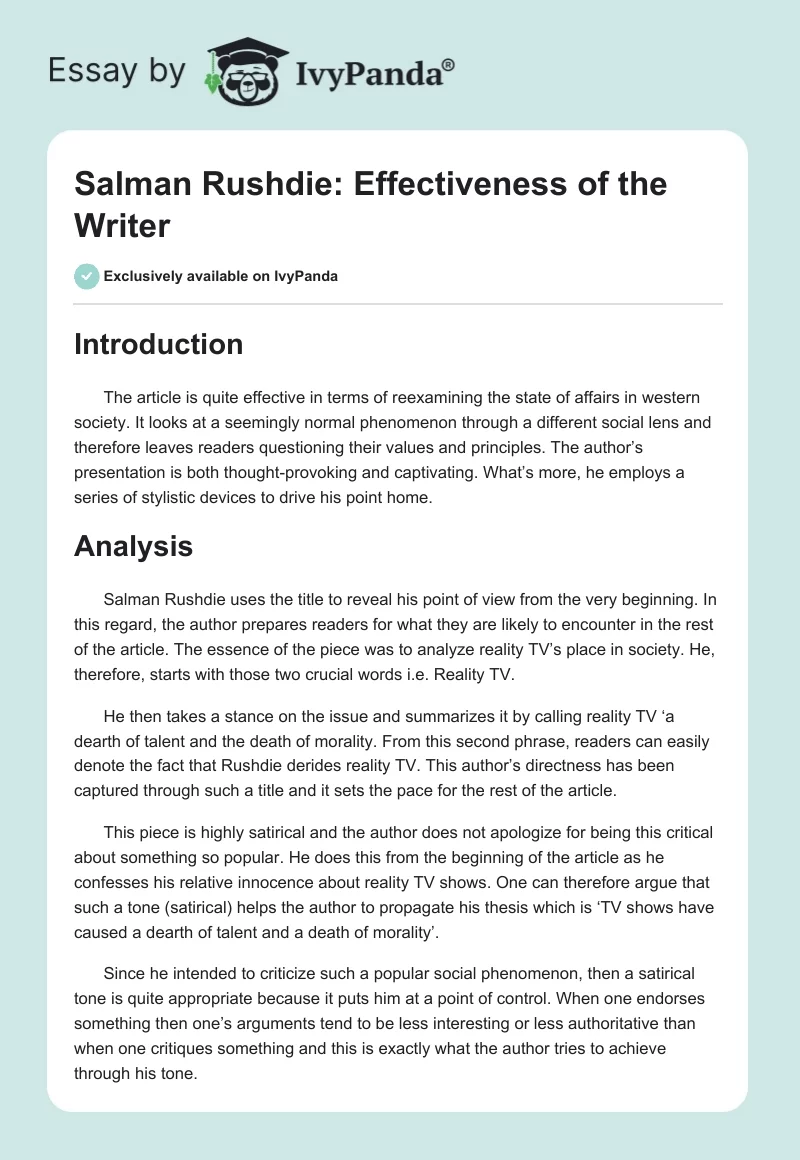 Salman Rushdie: Effectiveness of the Writer. Page 1