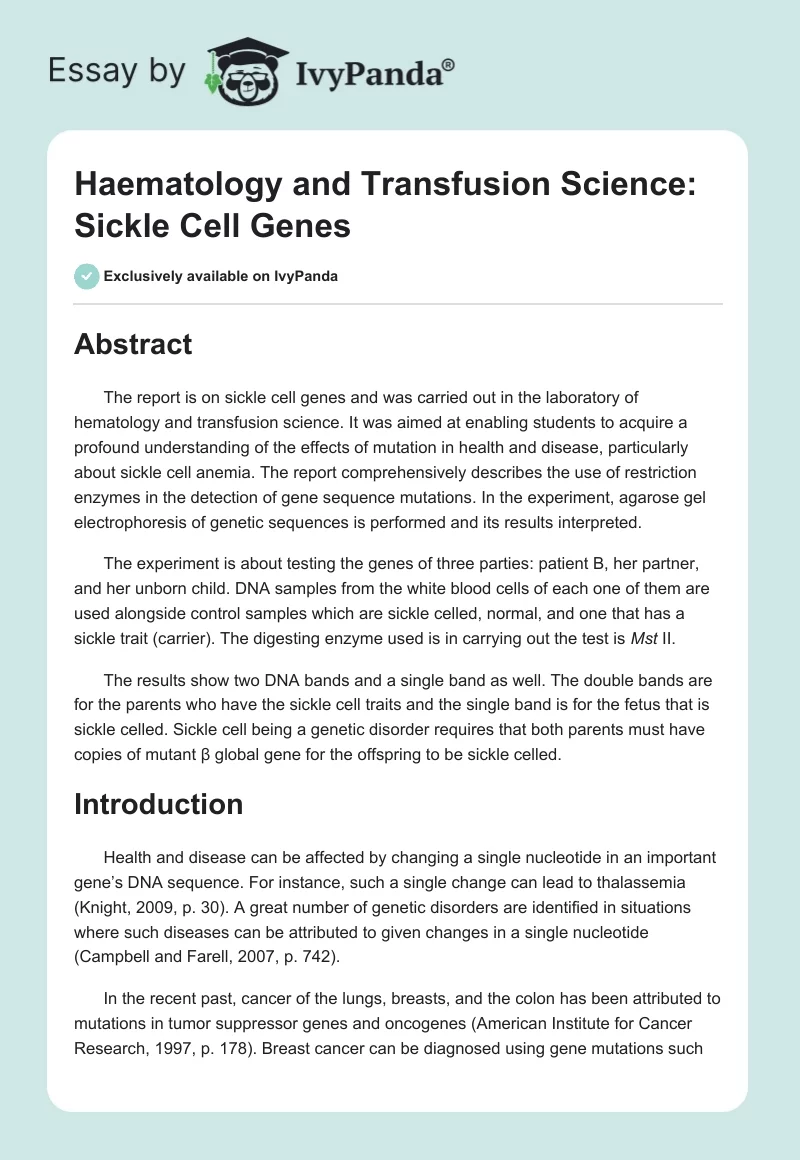 Haematology and Transfusion Science: Sickle Cell Genes. Page 1