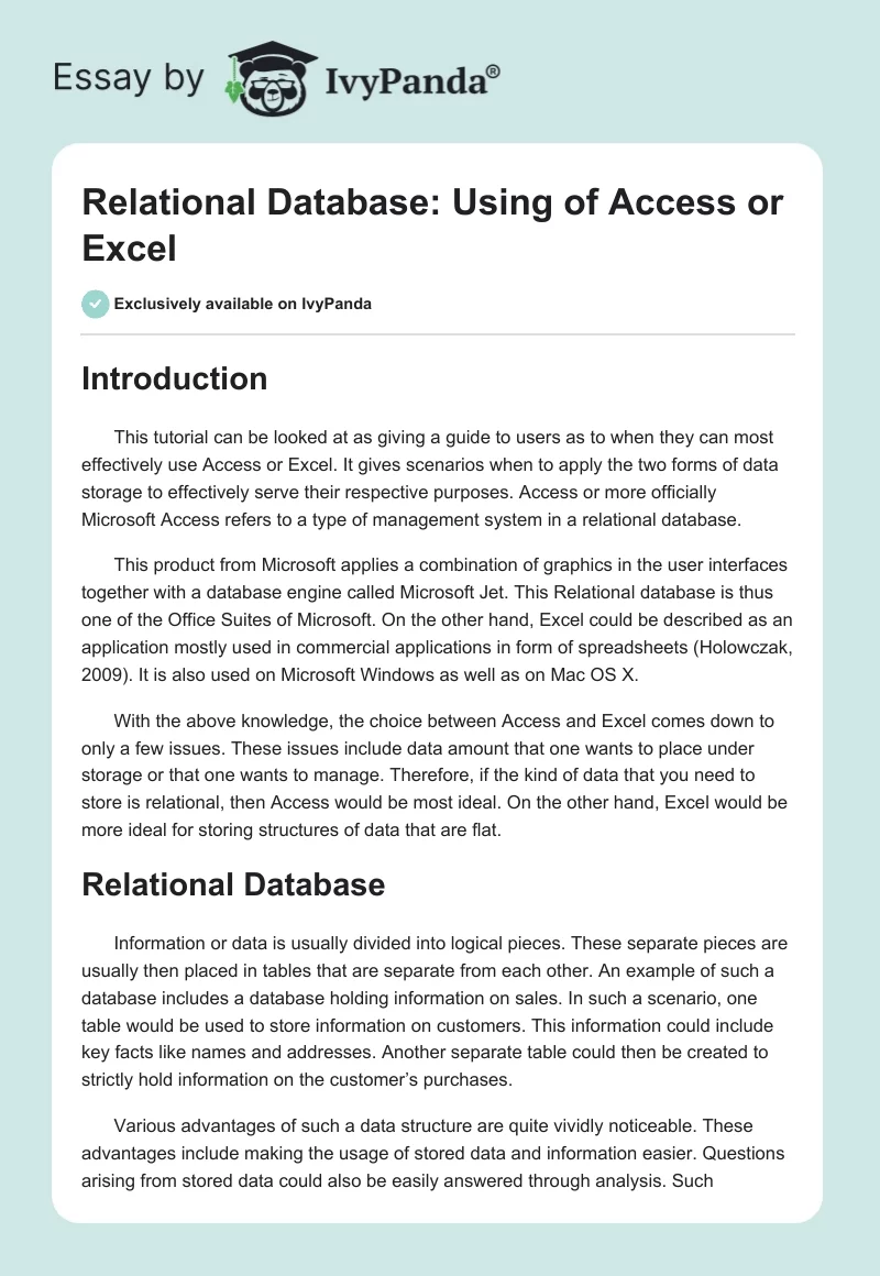 Relational Database: Using of Access or Excel. Page 1
