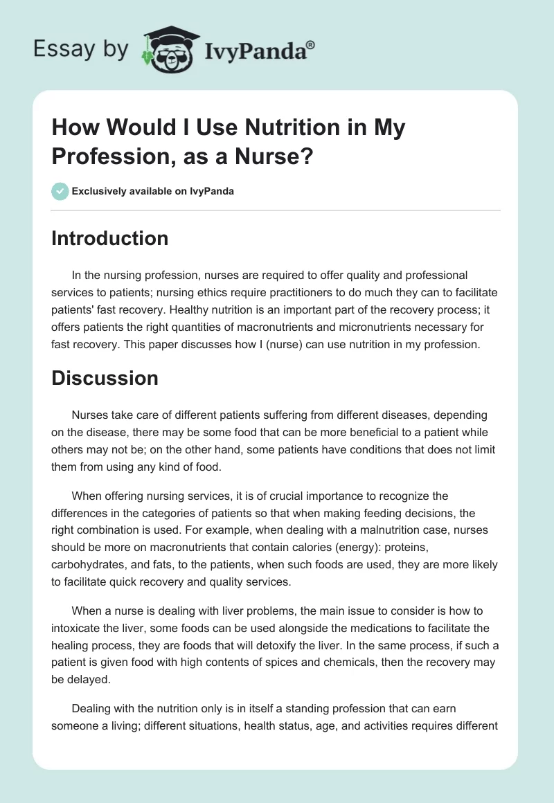 How Would I Use Nutrition in My Profession, as a Nurse?. Page 1
