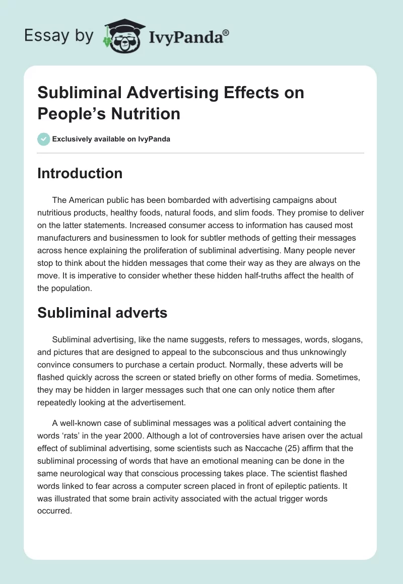 Subliminal Advertising Effects on People’s Nutrition. Page 1