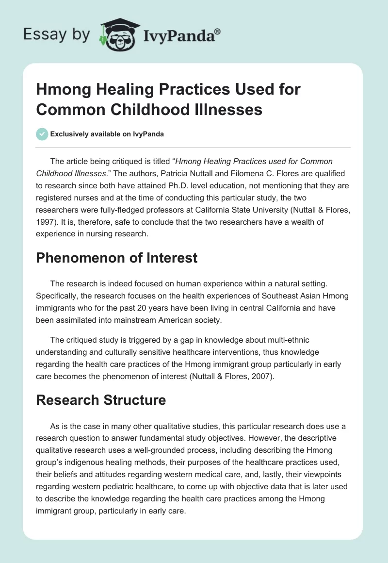 Hmong Healing Practices Used for Common Childhood Illnesses. Page 1