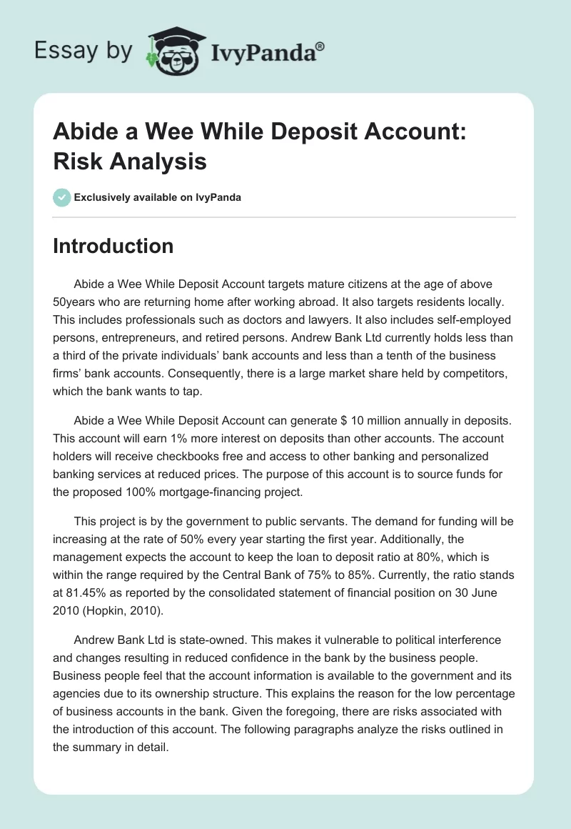 Abide a Wee While Deposit Account: Risk Analysis. Page 1