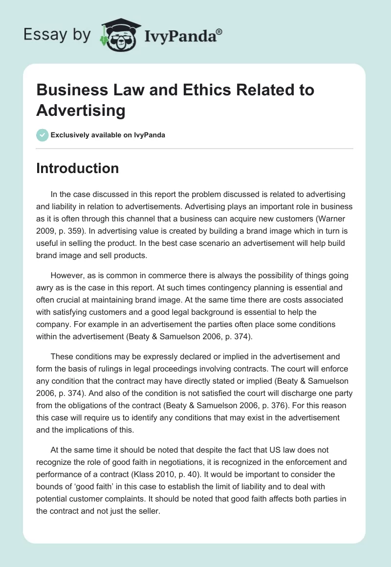 Business Law and Ethics Related to Advertising. Page 1
