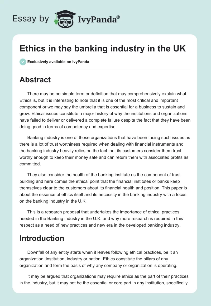 Ethics in the Banking Industry in the UK. Page 1