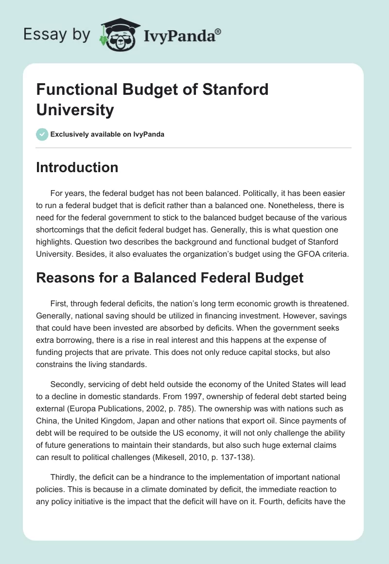 Functional Budget of Stanford University. Page 1