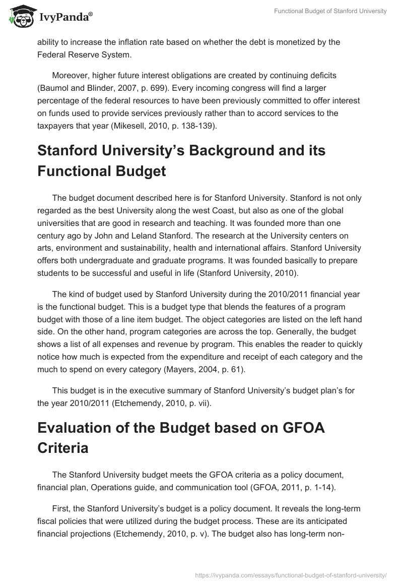 Functional Budget of Stanford University. Page 2