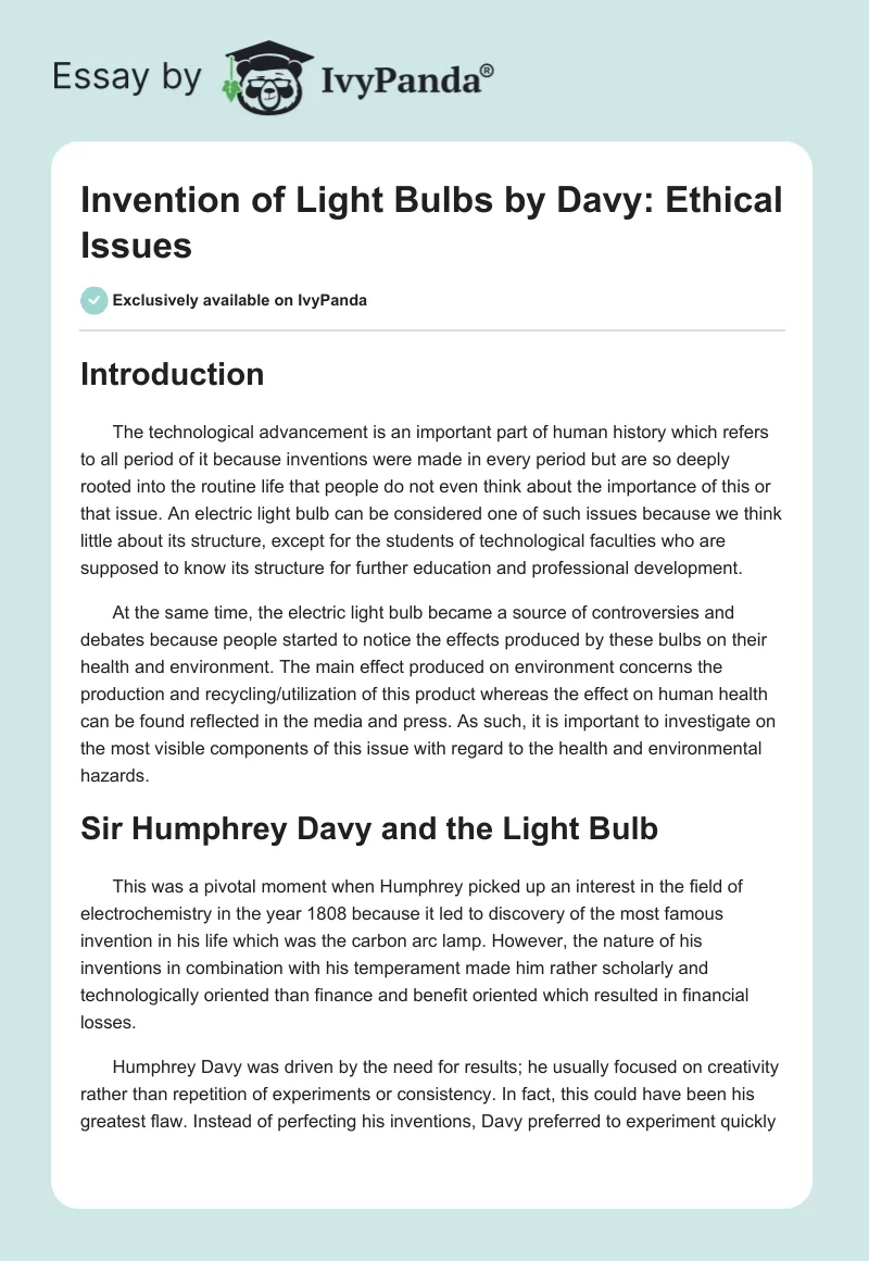 Invention of Light Bulbs by Davy: Ethical Issues. Page 1