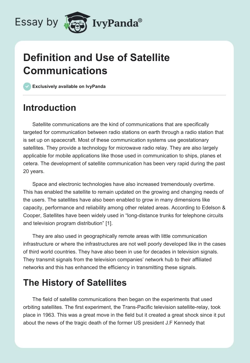 Definition and Use of Satellite Communications. Page 1