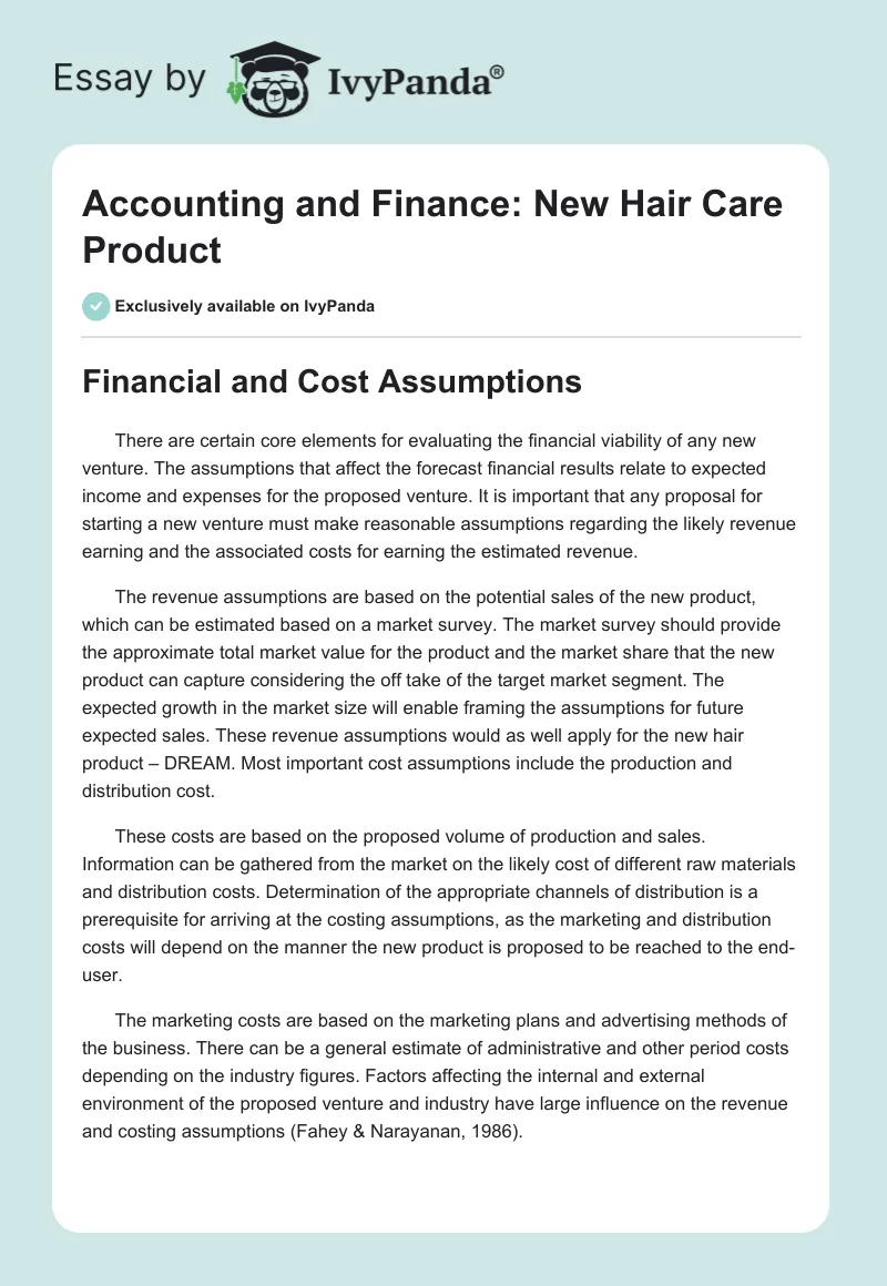 Accounting and Finance: New Hair Care Product. Page 1