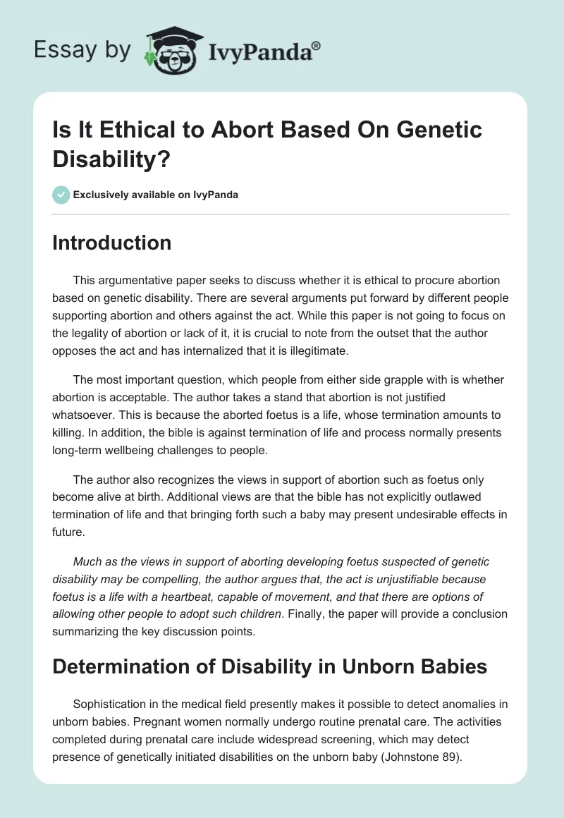 Is It Ethical to Abort Based On Genetic Disability?. Page 1