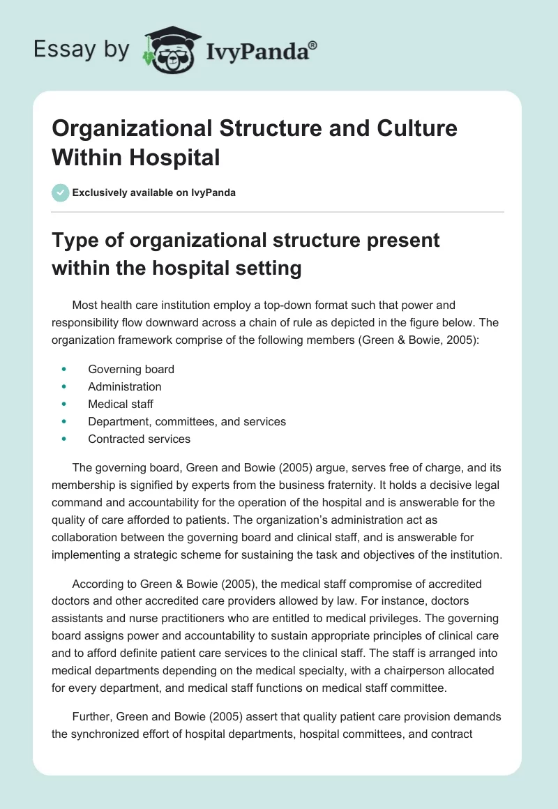 Organizational Structure and Culture Within Hospital. Page 1
