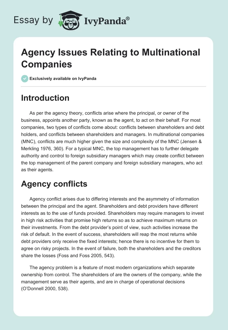 Agency Issues Relating to Multinational Companies. Page 1