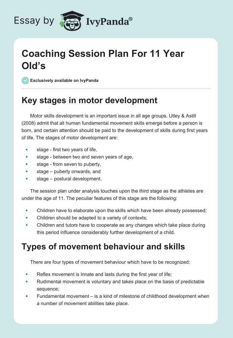 Coaching Session Plan For 11 Year Old’s. Page 1