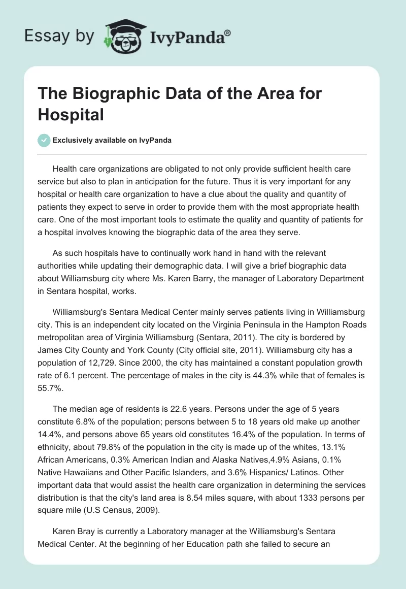 The Biographic Data of the Area for Hospital. Page 1