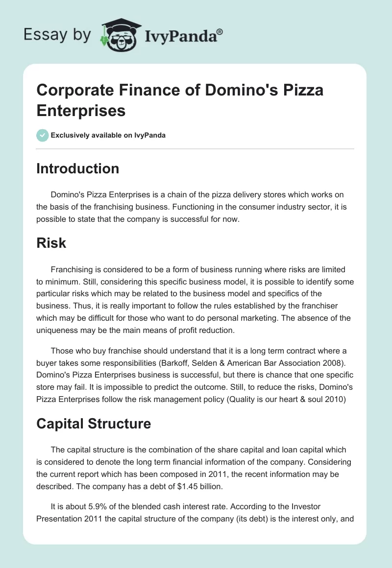 Corporate Finance of Domino's Pizza Enterprises. Page 1