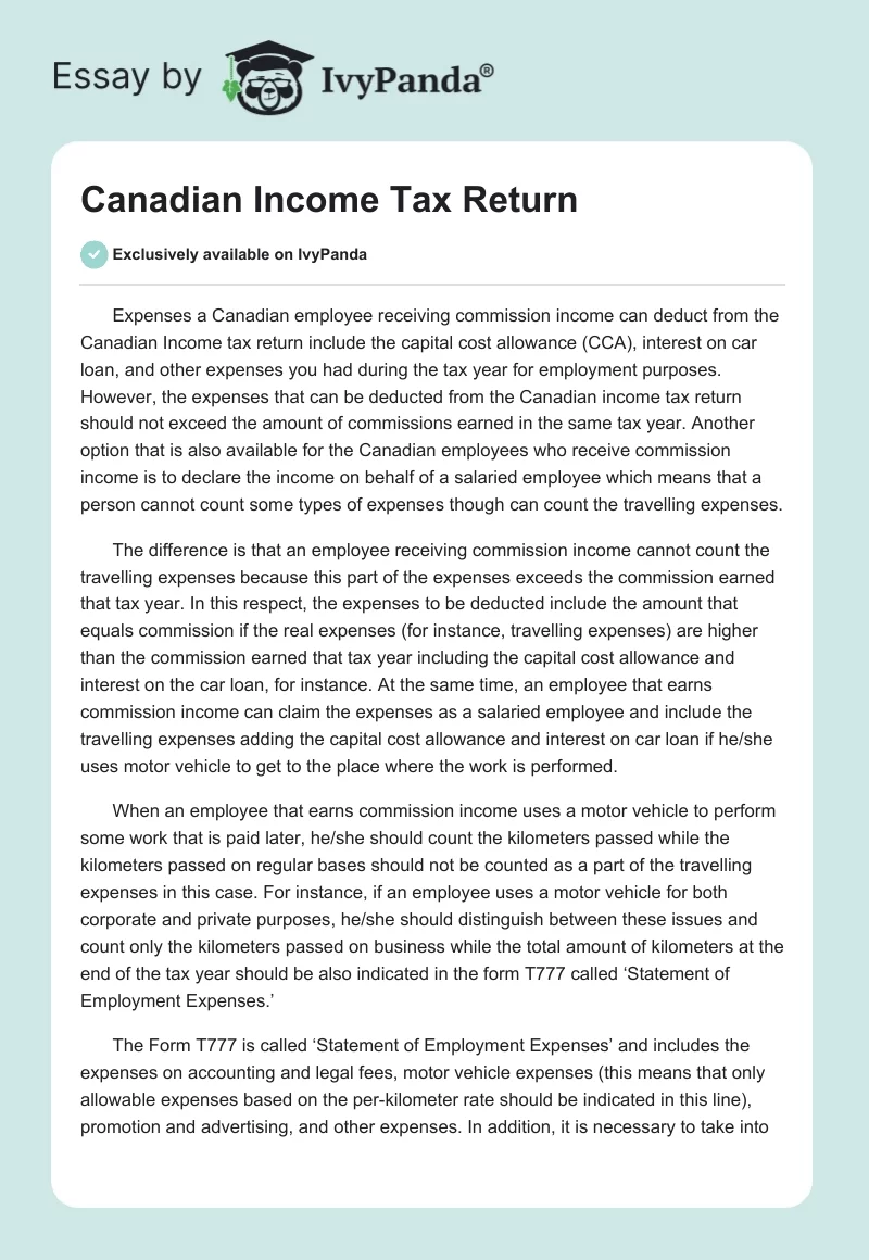 Canadian Income Tax Return. Page 1
