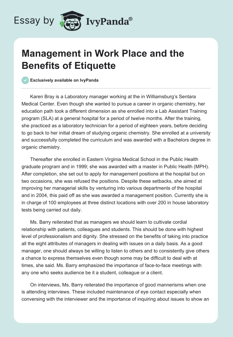 Management in Work Place and the Benefits of Etiquette. Page 1