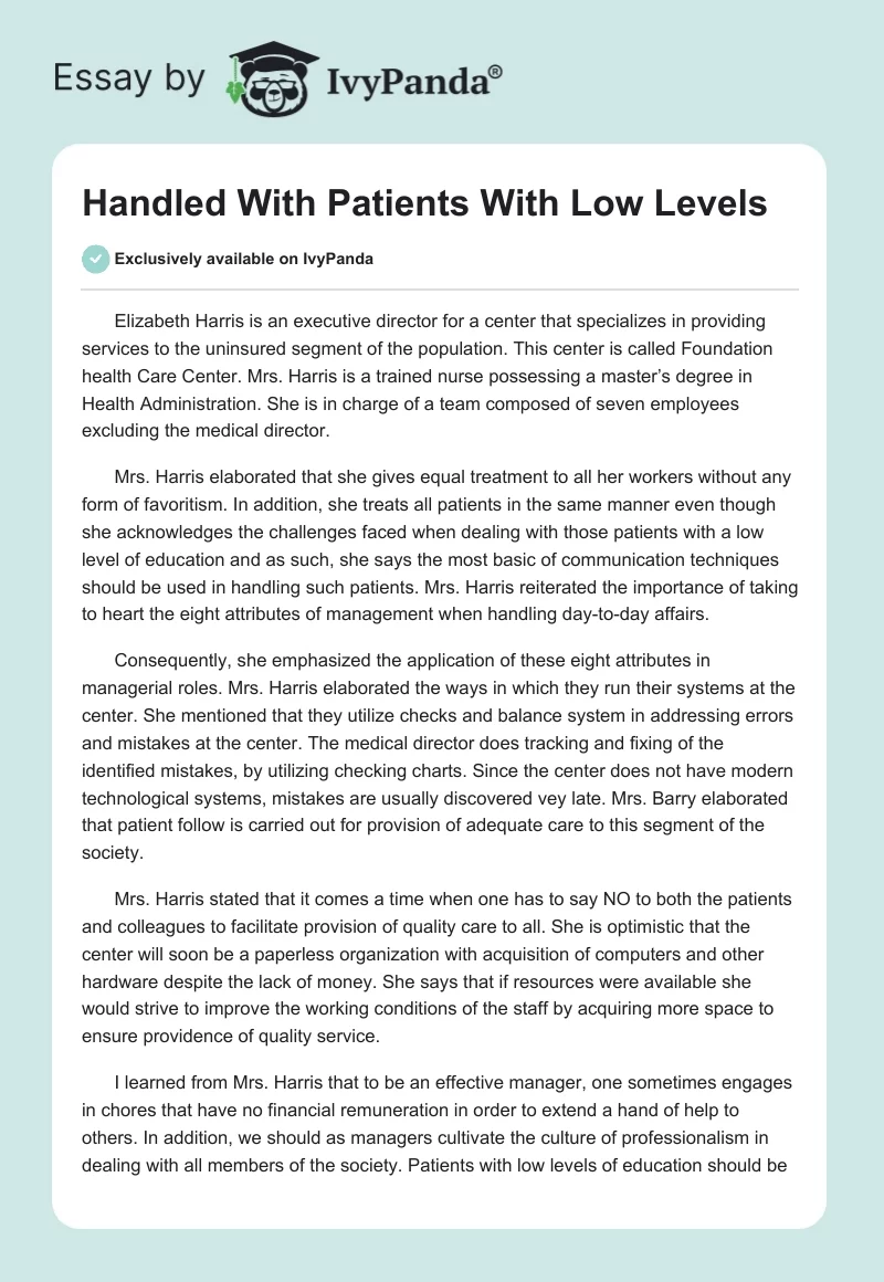 Handled With Patients With Low Levels. Page 1