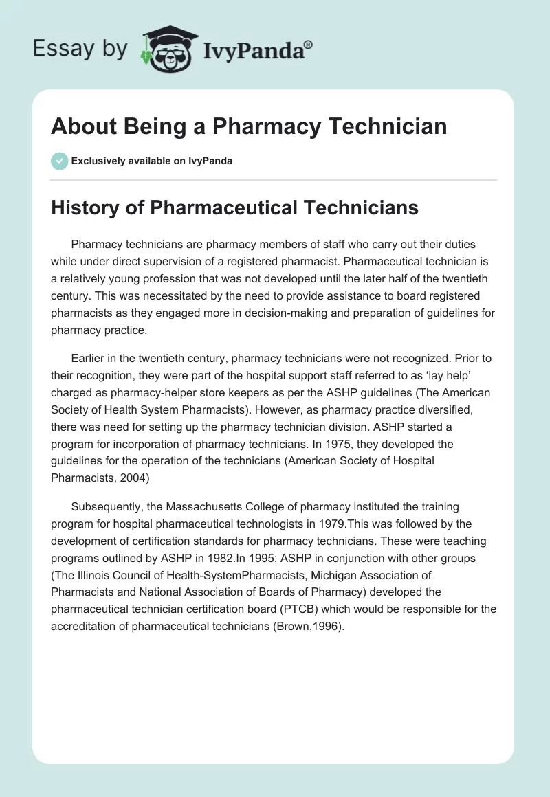 About Being a Pharmacy Technician. Page 1