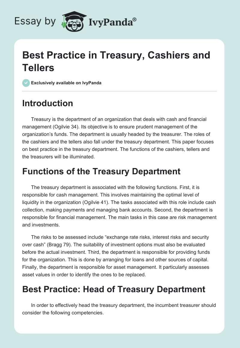 Best Practice in Treasury, Cashiers and Tellers. Page 1
