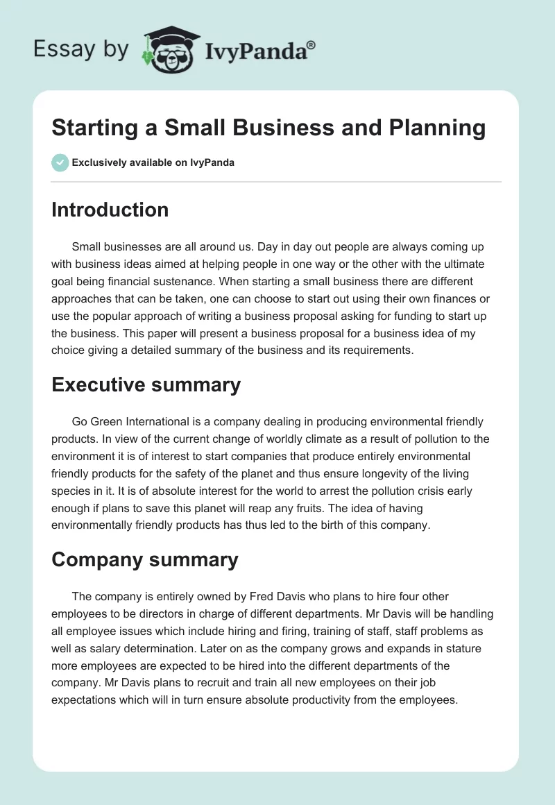 Starting a Small Business and Planning. Page 1