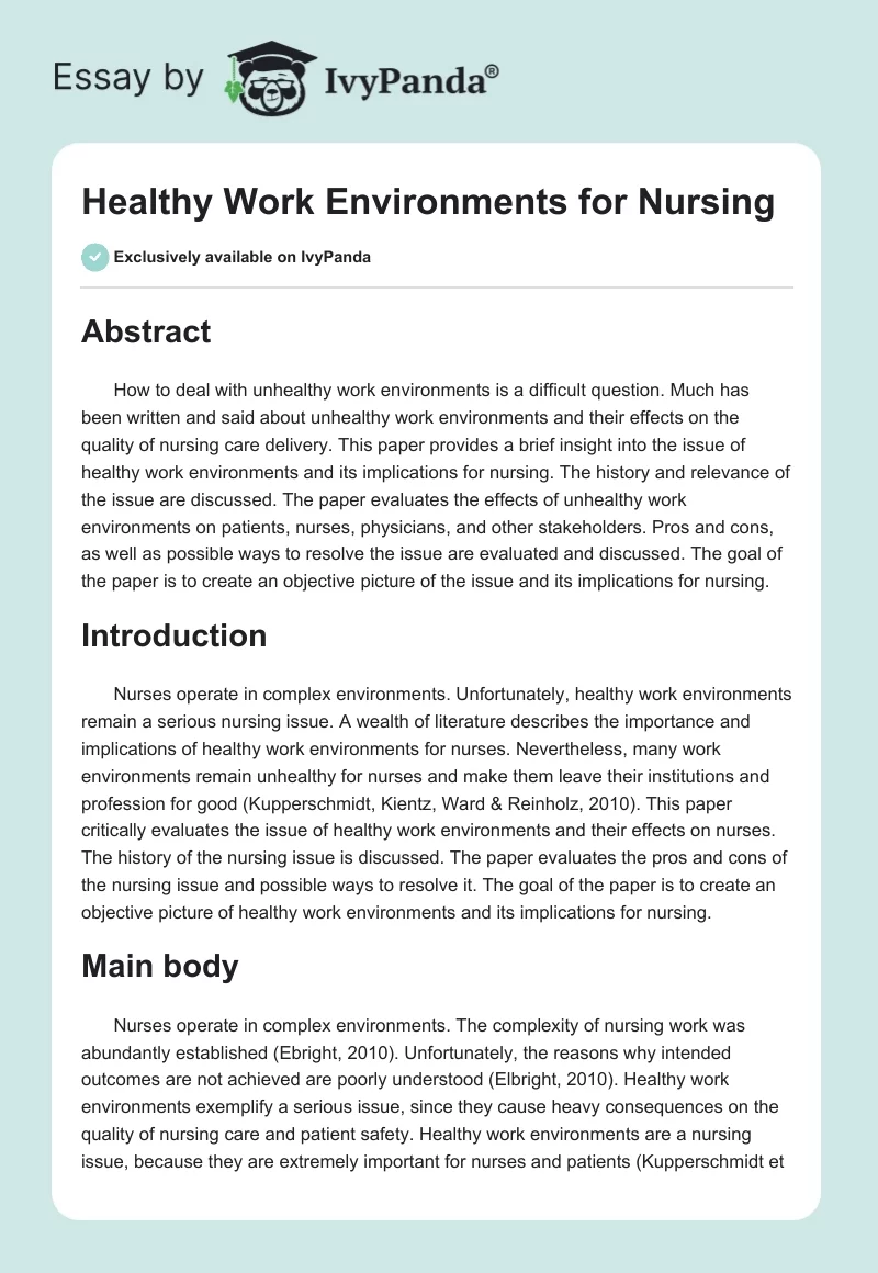 Healthy Work Environments for Nursing. Page 1