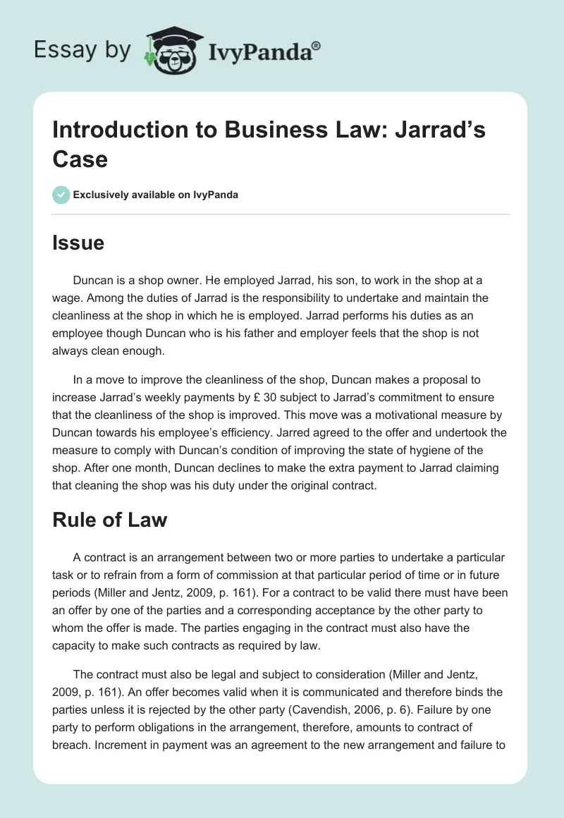 Introduction to Business Law: Jarrad’s Case. Page 1