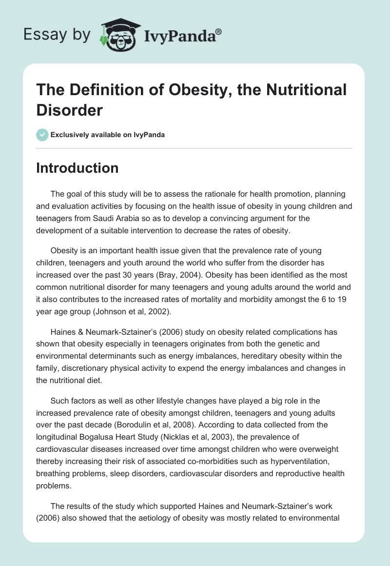 The Definition of Obesity, the Nutritional Disorder. Page 1