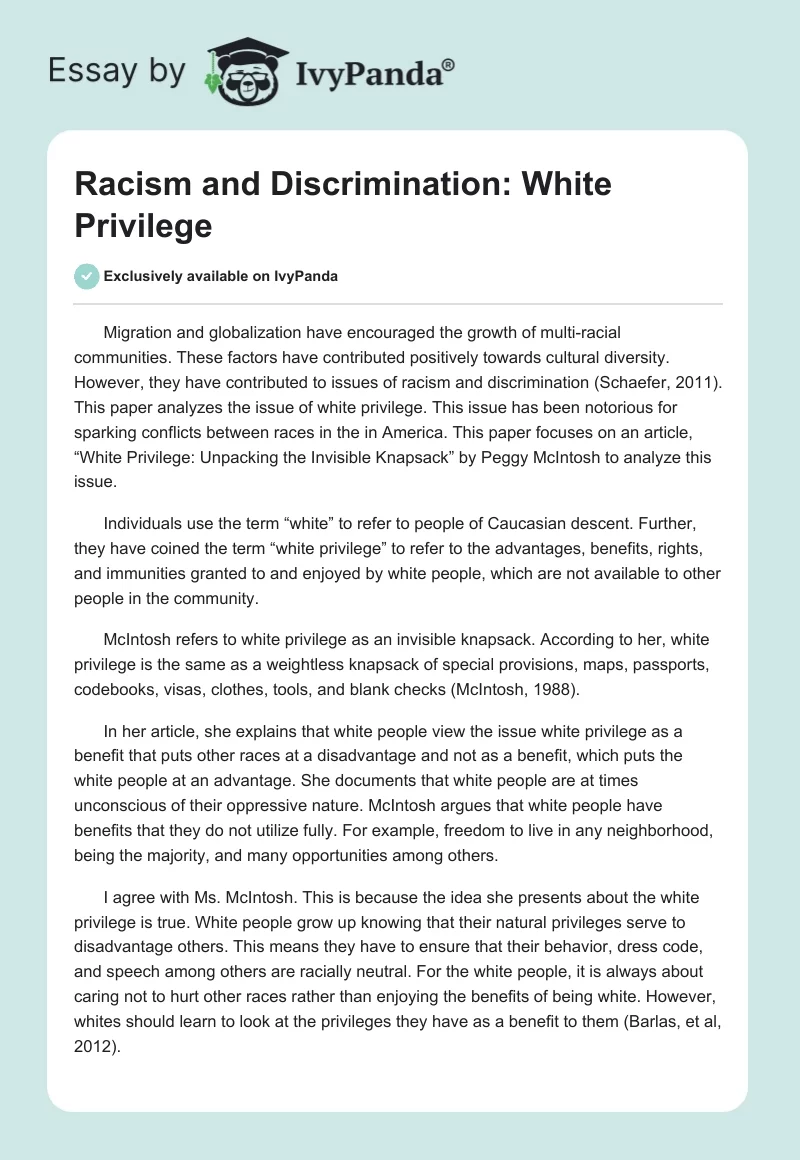 Racism and Discrimination: White Privilege. Page 1