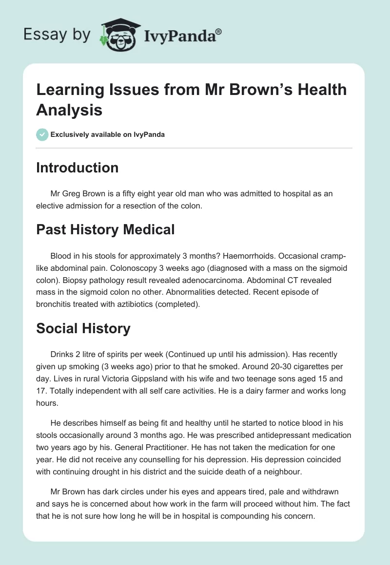 Learning Issues from Mr Brown’s Health Analysis. Page 1